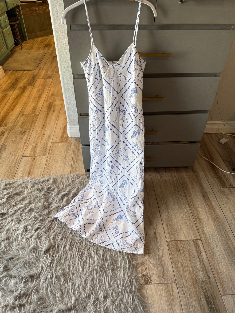 White Maxi Slip Dress with Blue Tile Print